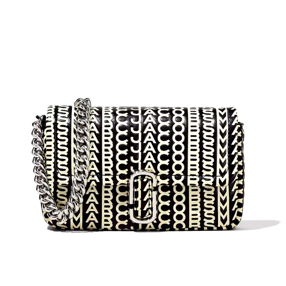 NEW MARC JABOBS Logo Monogram Silver Chain Leather Crossbody Bag Black Cream - Picture 3 of 9